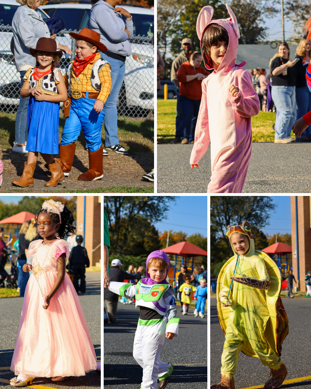A collage shows children in various fun costumes participating in an outdoor event.
