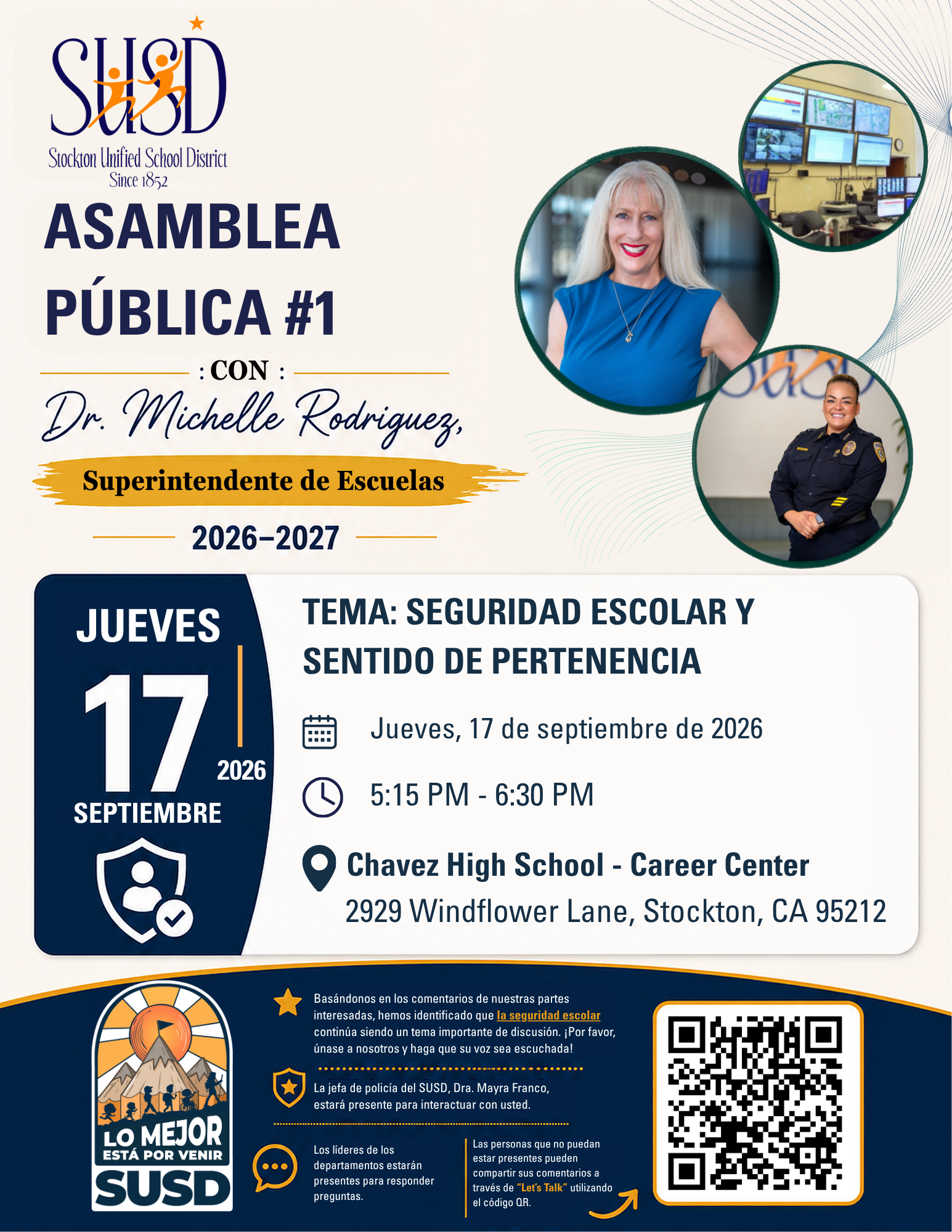 Flyer for an SUSD public assembly with Dr. Michelle Rodriguez, scheduled for Thursday, September 17, 2026, focusing on school safety.