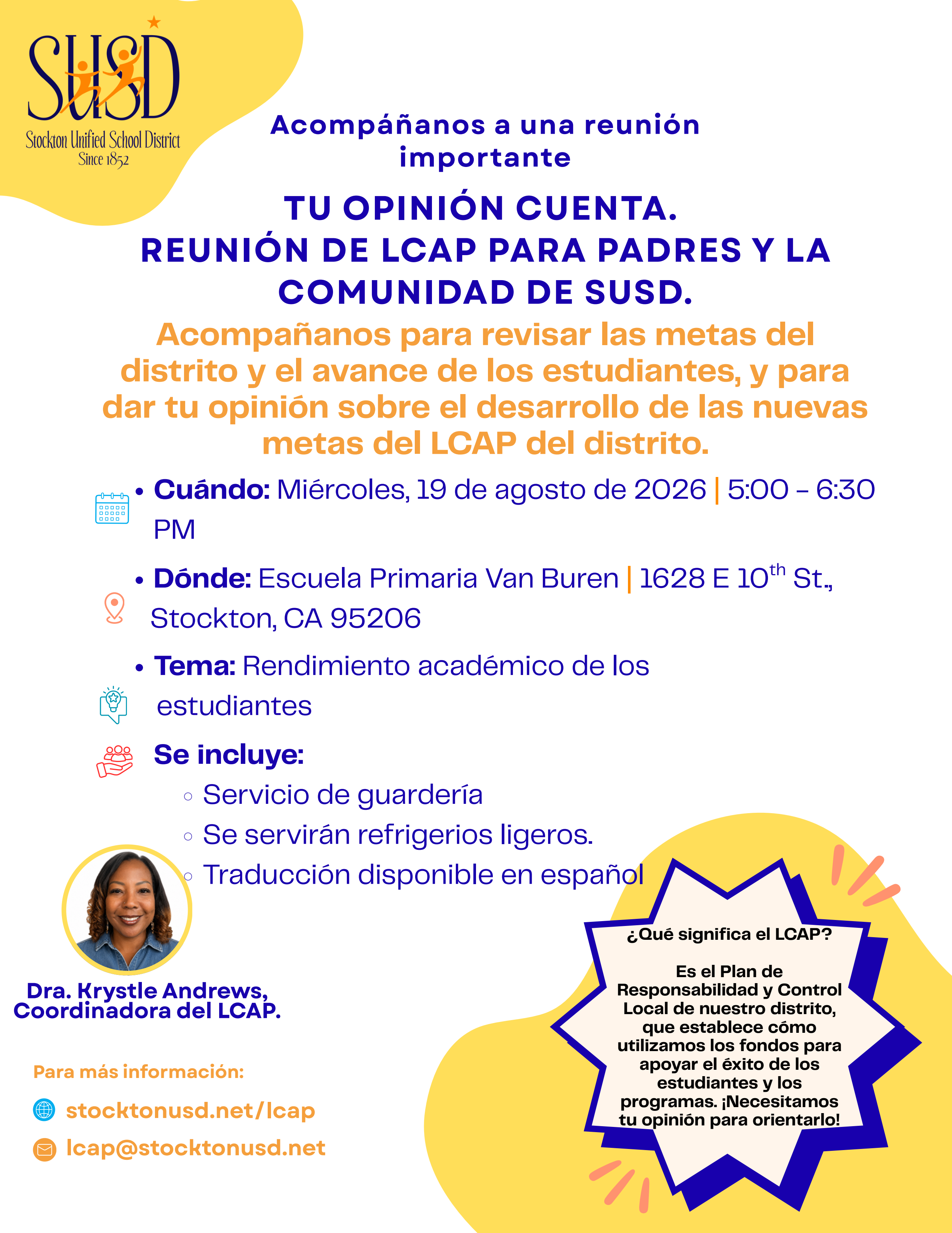 Poster announcing a Stockton Unified School District LCAP meeting for parents and the community on August 19, 2026.