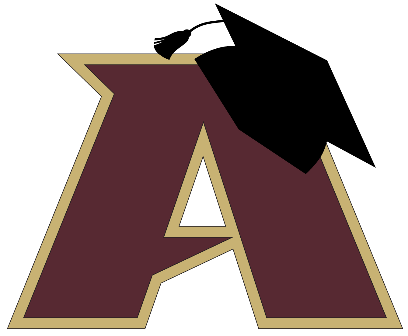 Stylized letter 'A' in dark red with gold outlining, serving as the logo for Algonquin Regional High School. The design features a 3D geometric effect, giving depth and dimension to the letter, with bold, angular, and sharp edges.