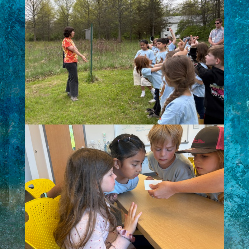 A teacher instructs a group of children outdoors near a grassy field and trees.