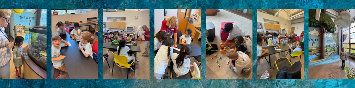 Children engage in educational activities with adults in a classroom setting, observing an aquarium.