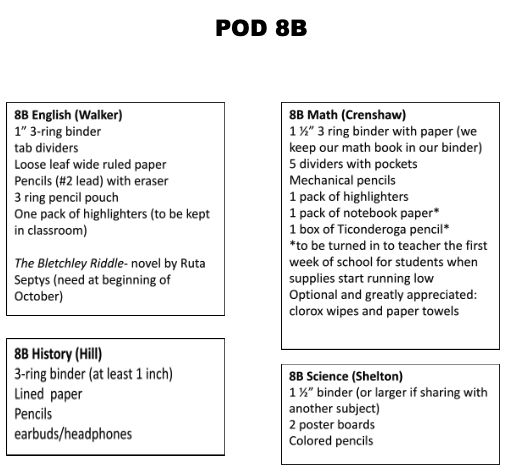 A document titled 'POD 8B' lists school supply requirements for different subjects: English, Math, History, and Science.