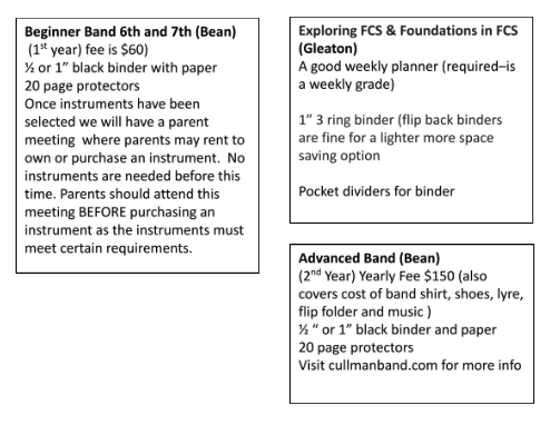 Information for Beginner Band (6th & 7th grade) including fee, required supplies, and parent meeting details.
