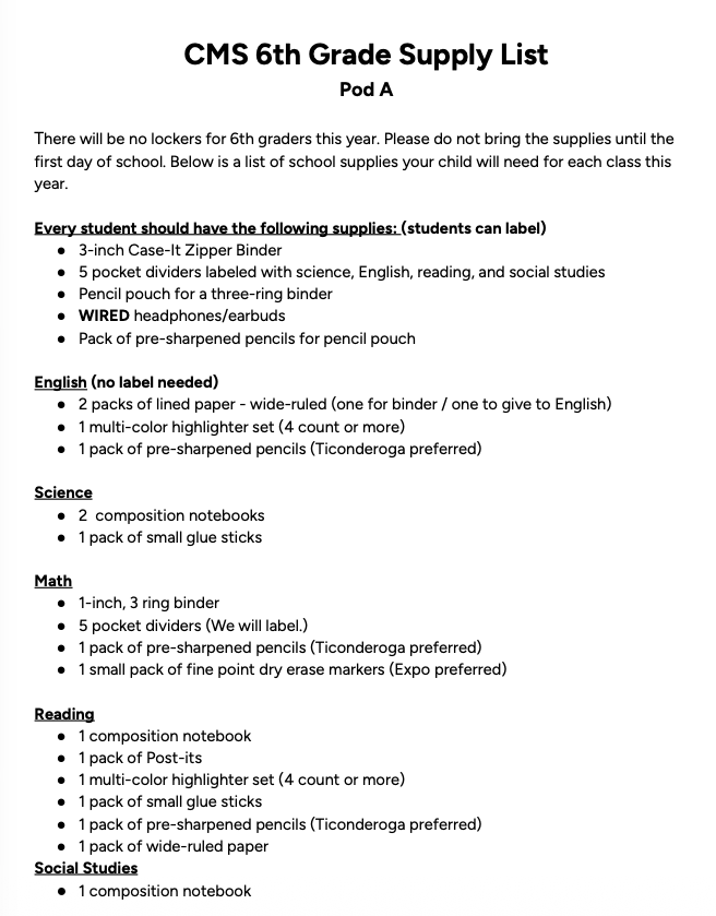 CMS 6th Grade Supply List for Pod A, detailing required school supplies for each subject.