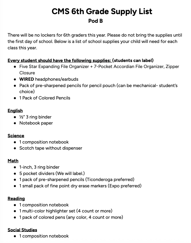 CMS 6th Grade Supply List for Pod B, detailing required school supplies for English, Science, Math, Reading, and Social Studies.