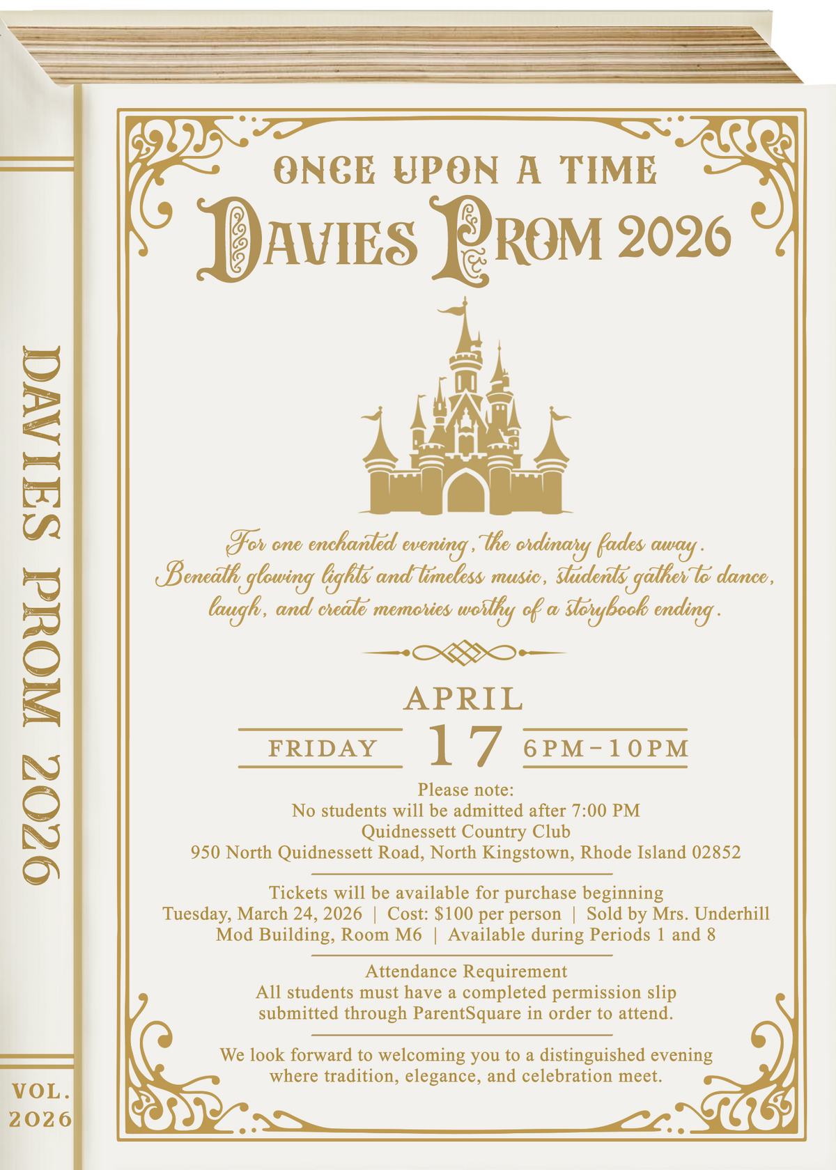 An invitation to Davies Prom 2026, themed 'Once Upon a Time,' featuring a fairytale castle graphic.