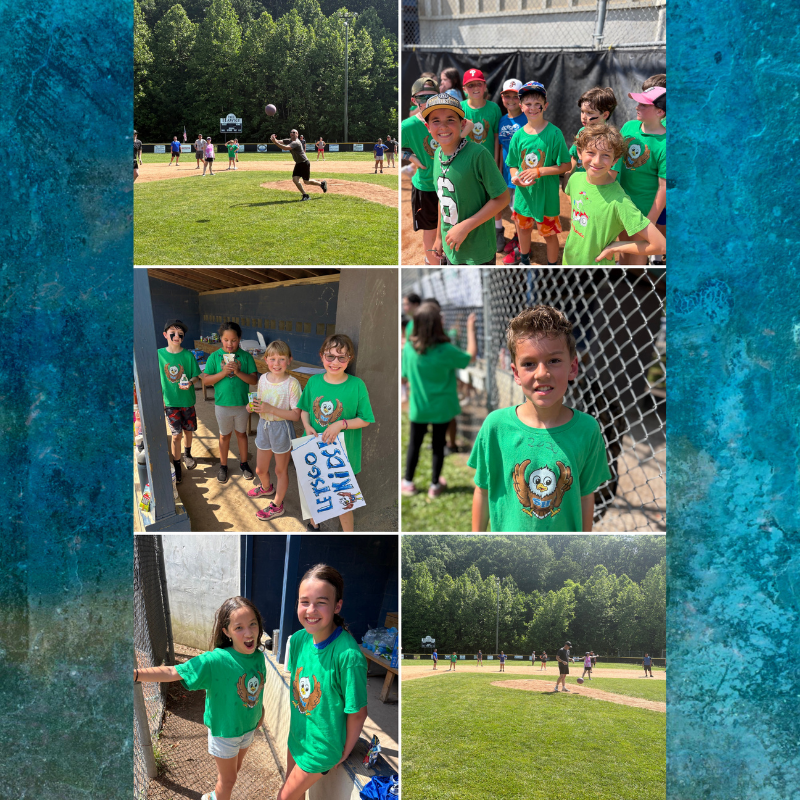Children in green shirts with owl logos play baseball on a sunny field.