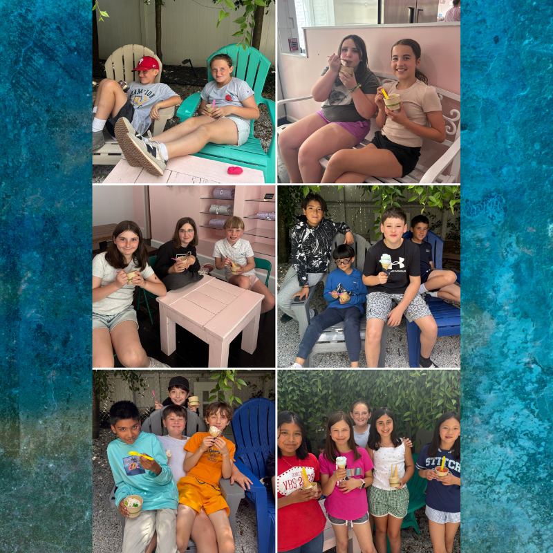 A collage of children enjoying ice cream in various outdoor and indoor settings.