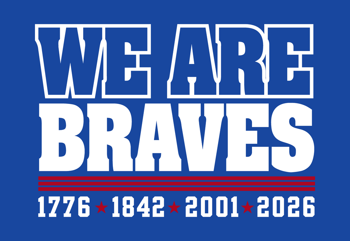 A graphic design featuring the text "WE ARE BRAVES" in bold white and blue on a solid blue background.