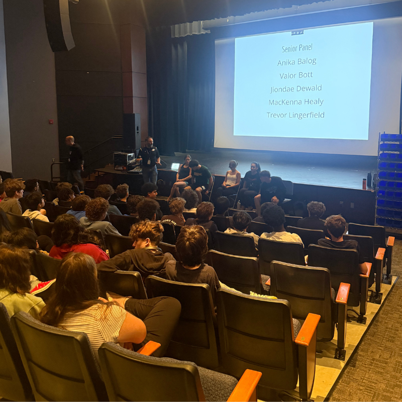 Students watch a senior panel presentation on a large screen in an auditorium.