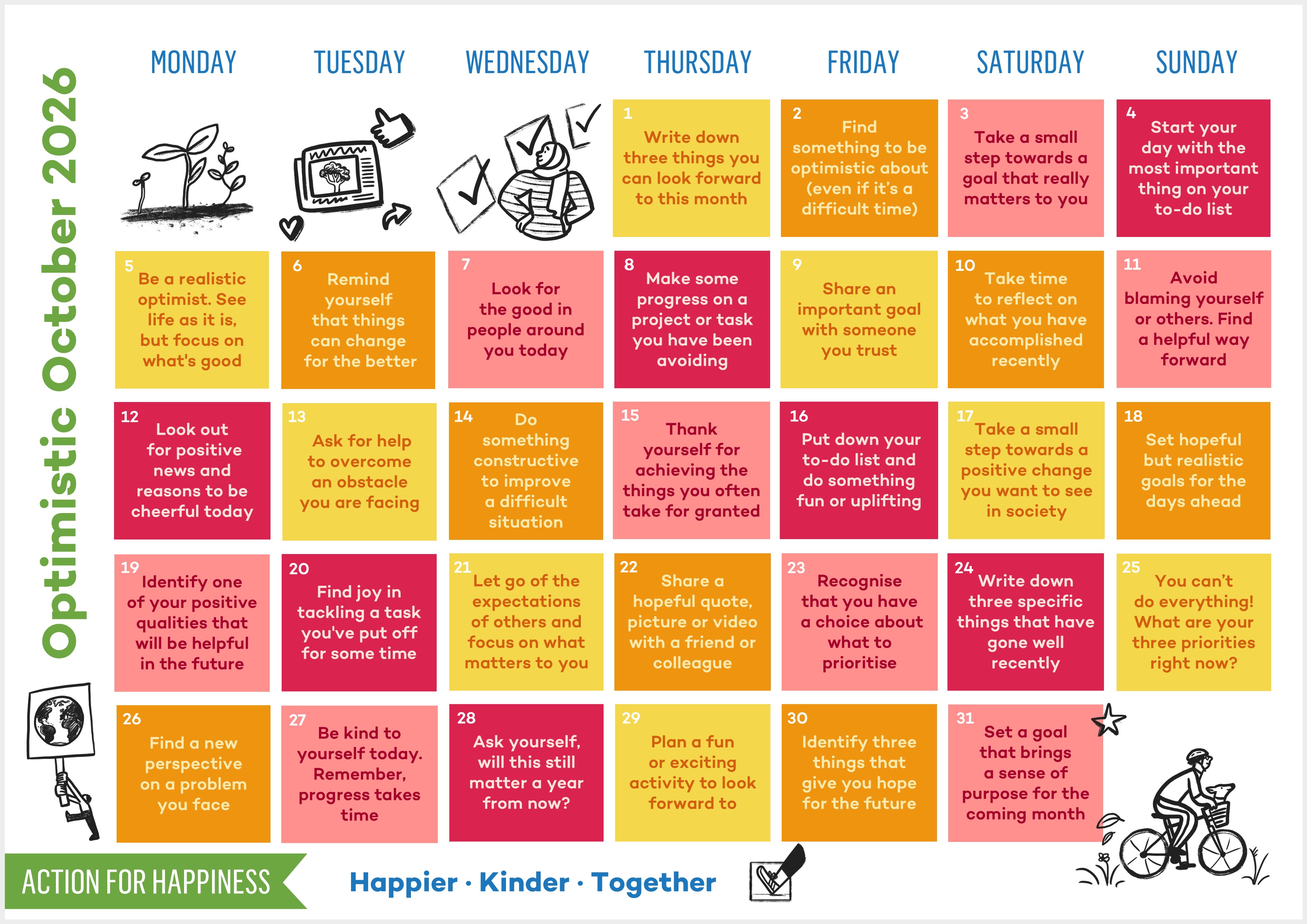 A colorful October 2026 calendar page titled 'Optimistic' featuring daily positive prompts and illustrations.
