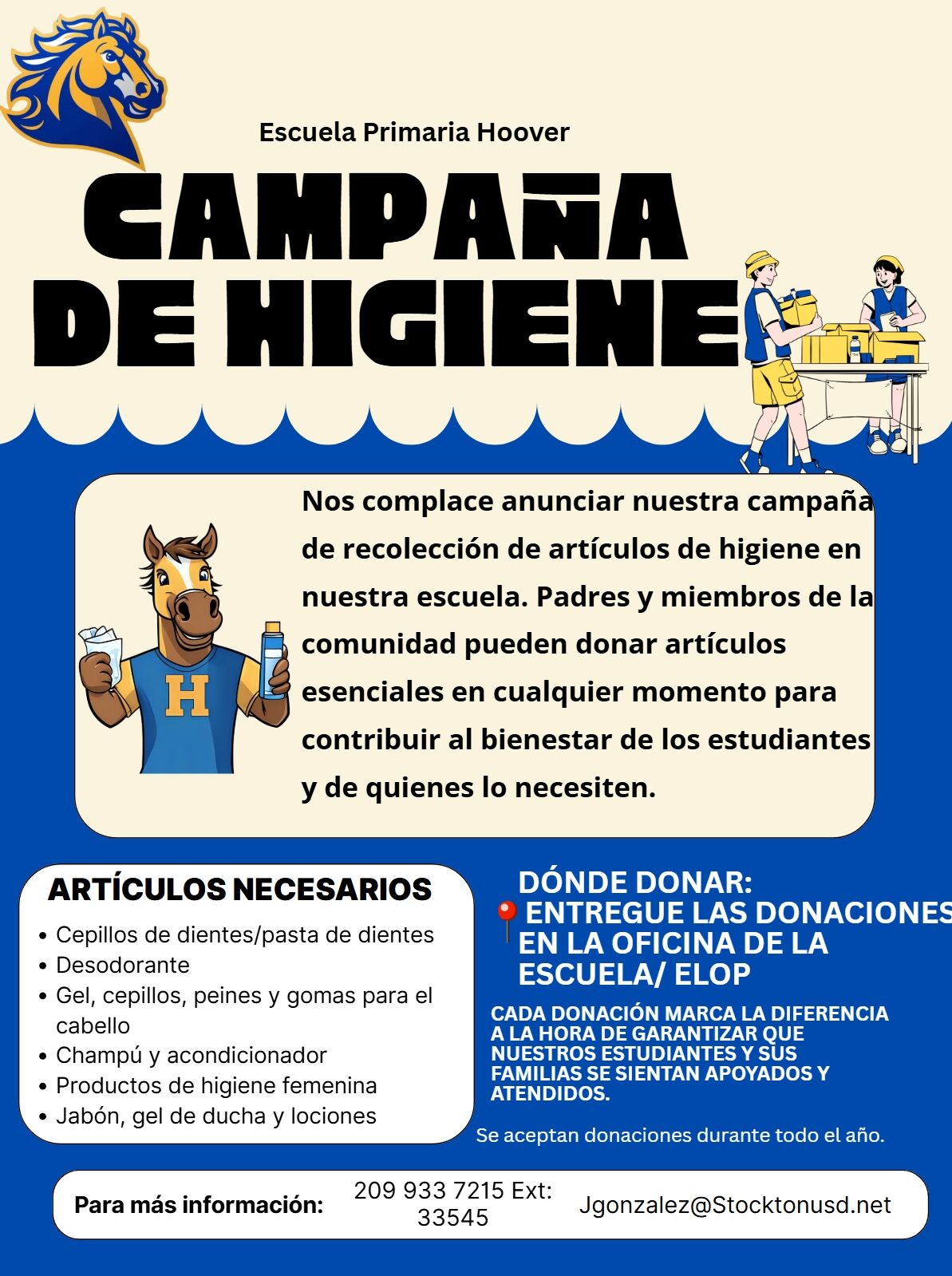 A flyer for a hygiene donation drive at Escuela Primaria Hoover, featuring a cartoon horse mascot and details on needed items and drop-off locations.