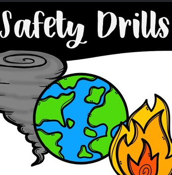 An educational graphic featuring the text 'Safety Drills' with illustrations of a tornado, the planet Earth, and a fire.