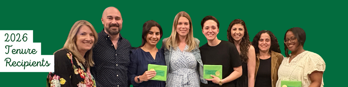 A group of eight individuals, identified as "2026 Tenure Recipients," pose for a photo against a green background.