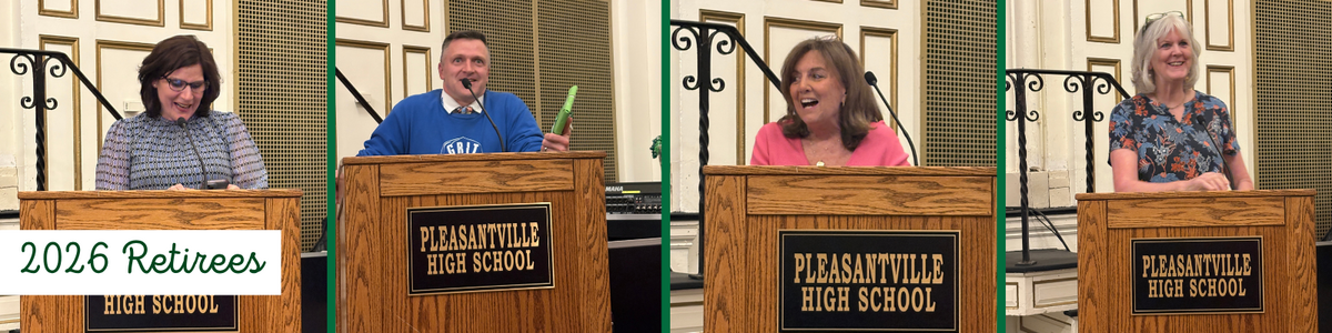 Christine Harris, George Coffey, Laura Drysdale, and Mary Prevost stand behind podiums at Pleasantville High School, with "2026 Retirees" text visible.