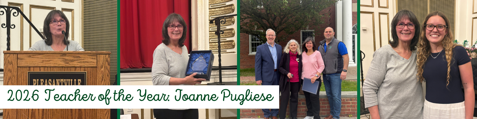 Joanne Pugliese is honored as the 2026 Teacher of the Year, holding a glass award.