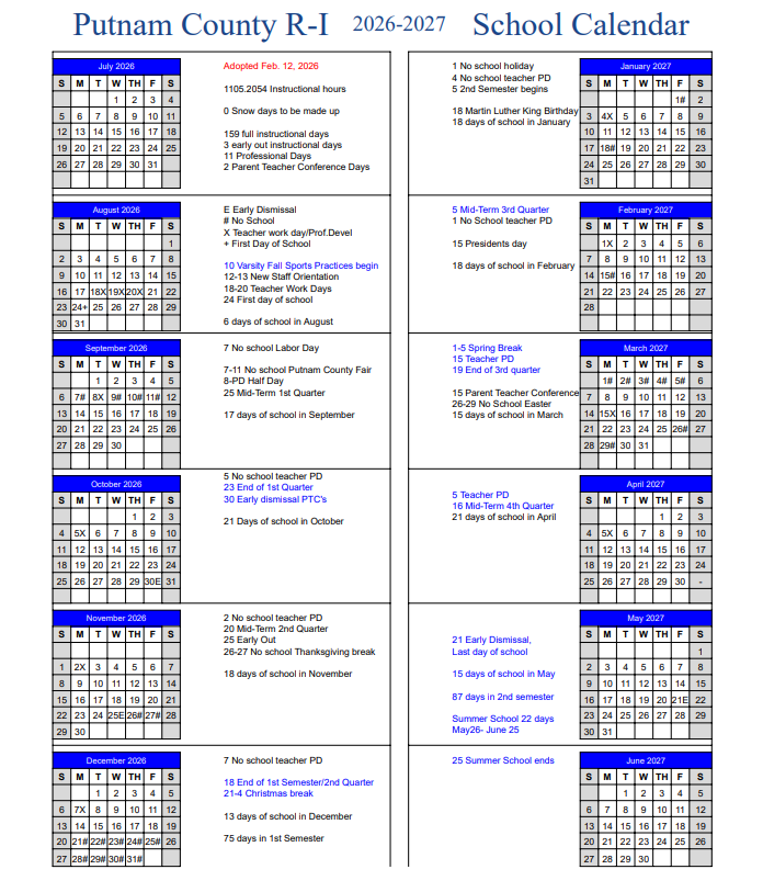 Putnam County R-I School District 2026-2027 school calendar showing the first day of school on August 24, 2026; Christmas Break from December 21, 2026 through January 4, 2027; Spring Break March 1-5, 2027; and the last day of school on May 21, 2027. The calendar also includes teacher work days, professional development days, parent-teacher conference dates, holidays, quarter and semester ending dates, and summer school dates.