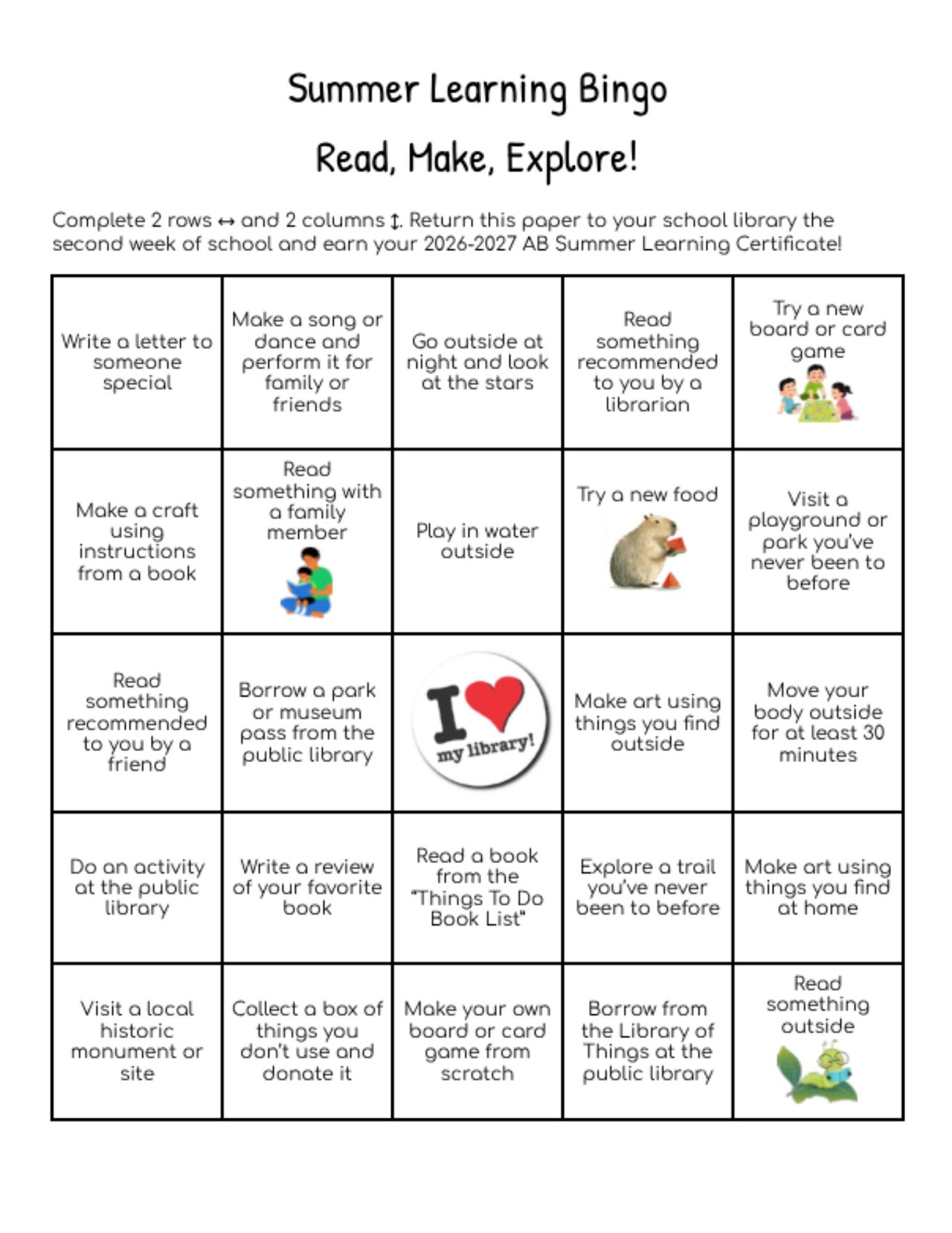 Summer Learning Bingo Sheet (2026)