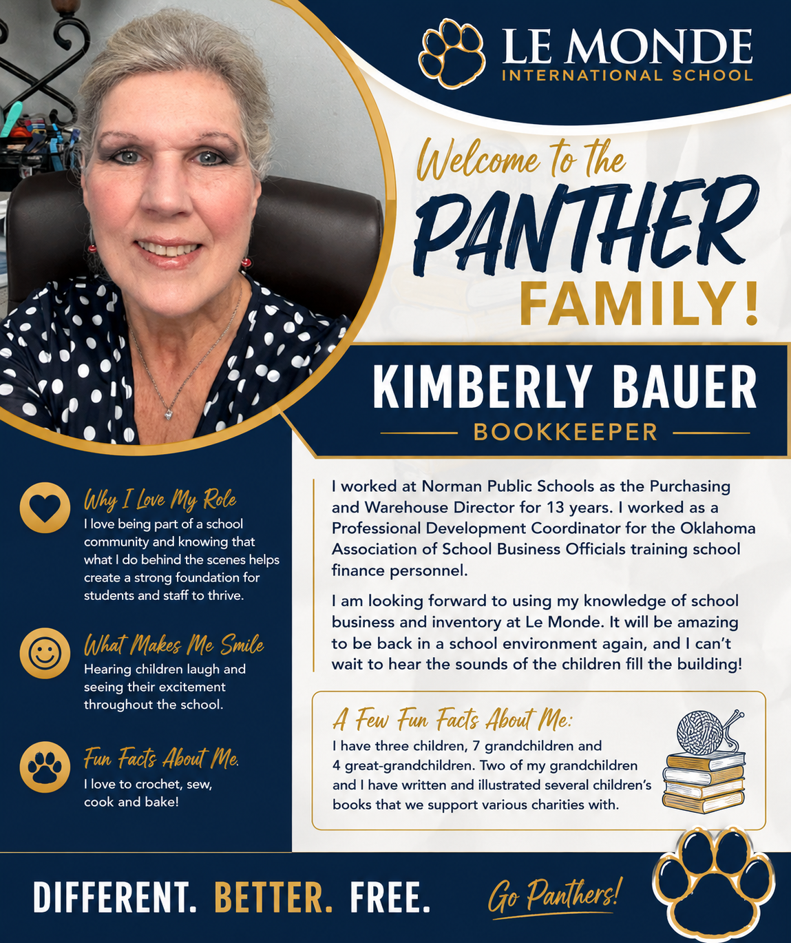Welcome Kimberly Bauer, our bookkeeper, to the Le Monde family