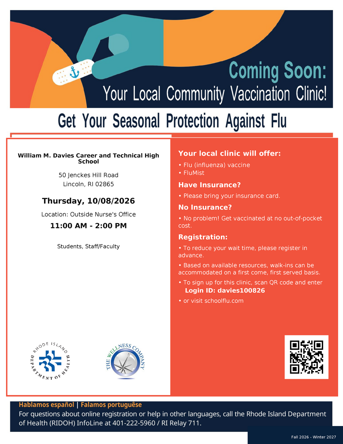 Flu Clinic - Thurs. Oct. 8, 11:00-2:00pm (Free)
