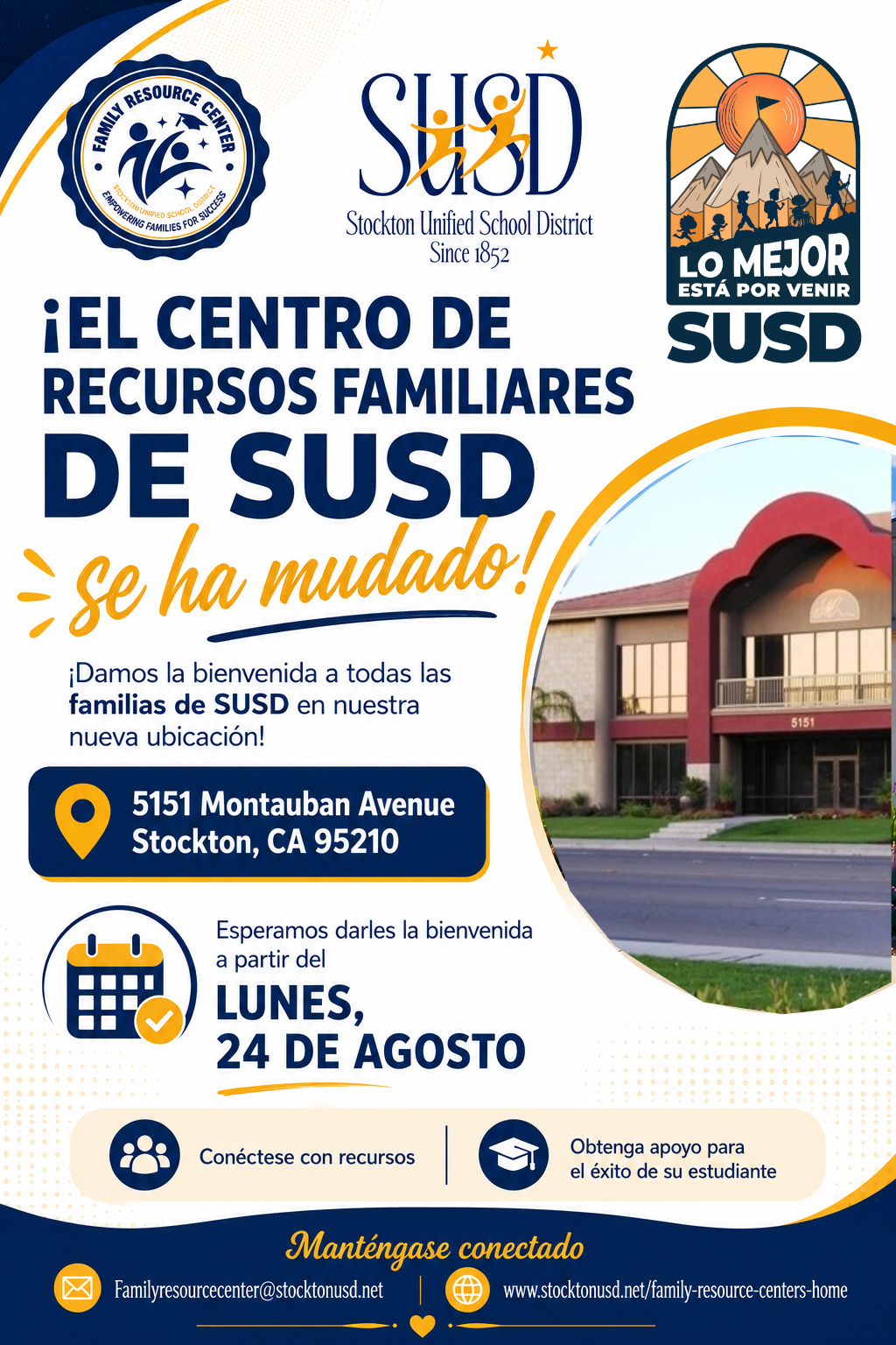 Poster announcing the relocation of the SUSD Family Resource Center to 5151 Montauban Avenue, Stockton, CA 95210.