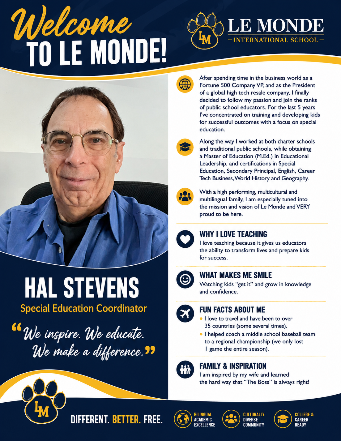 Welcome, Hal Stevens, to Le Monde! our new Special Education Coordinator