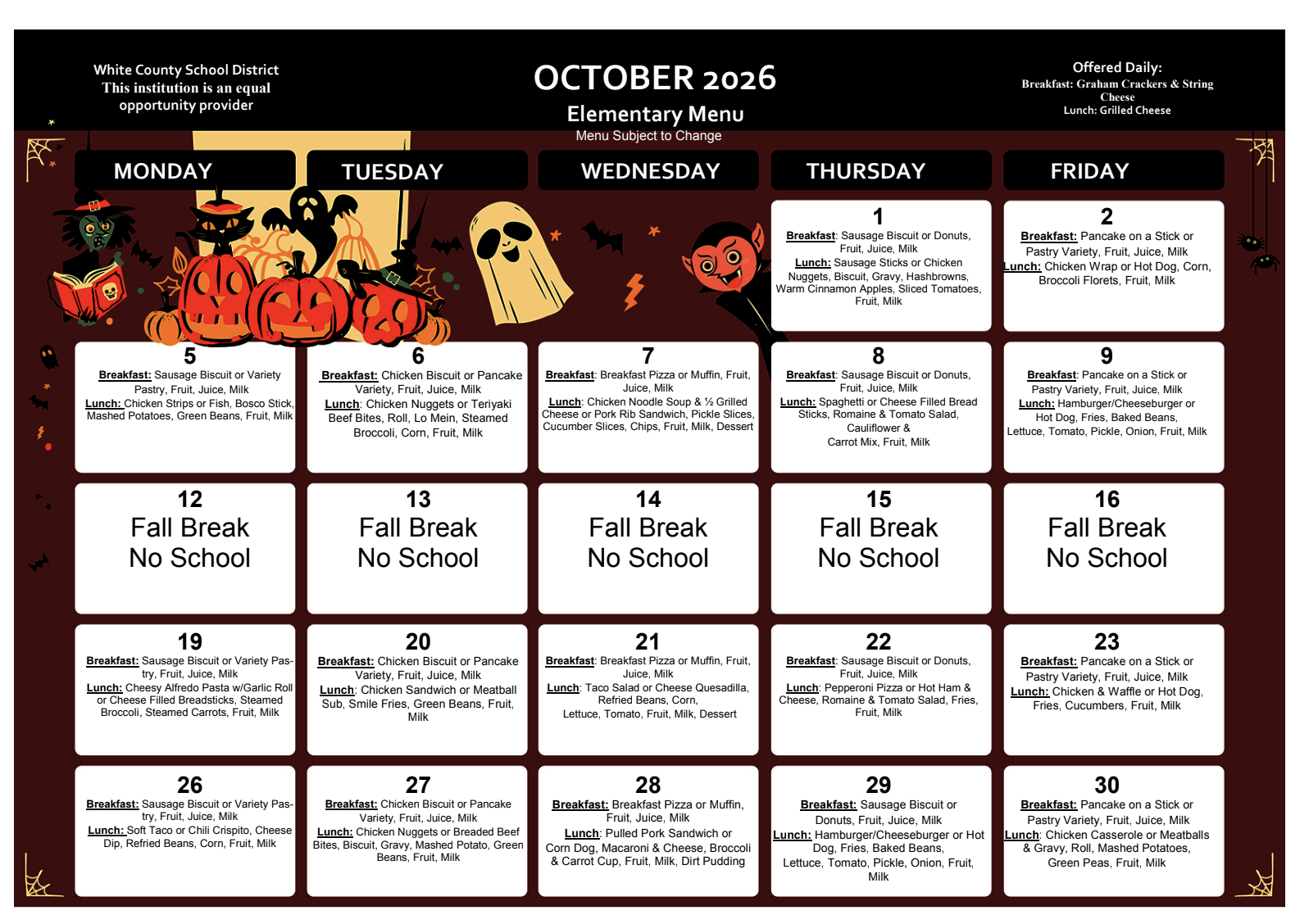 October Lunch Menu