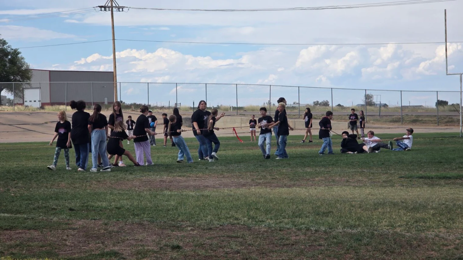 A large group of children and adults participate in a game of tug-of-war on a grassy field outdoors.