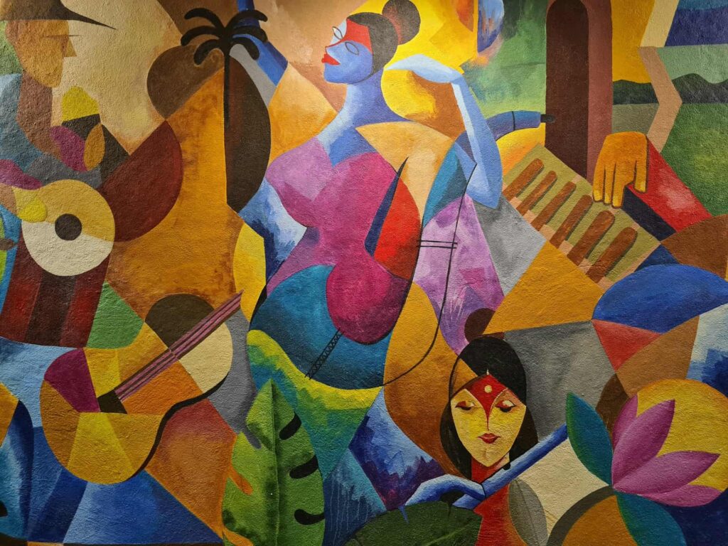 A colorful art installation painted over a wall