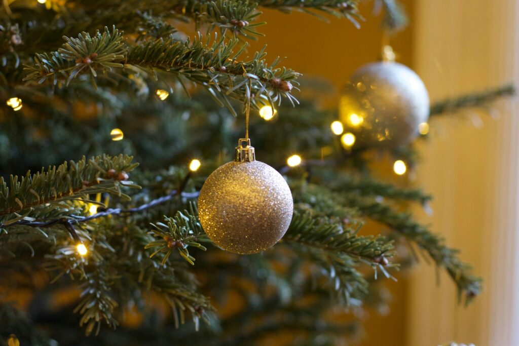 Decorations and lights on the branches of a Christmas tree