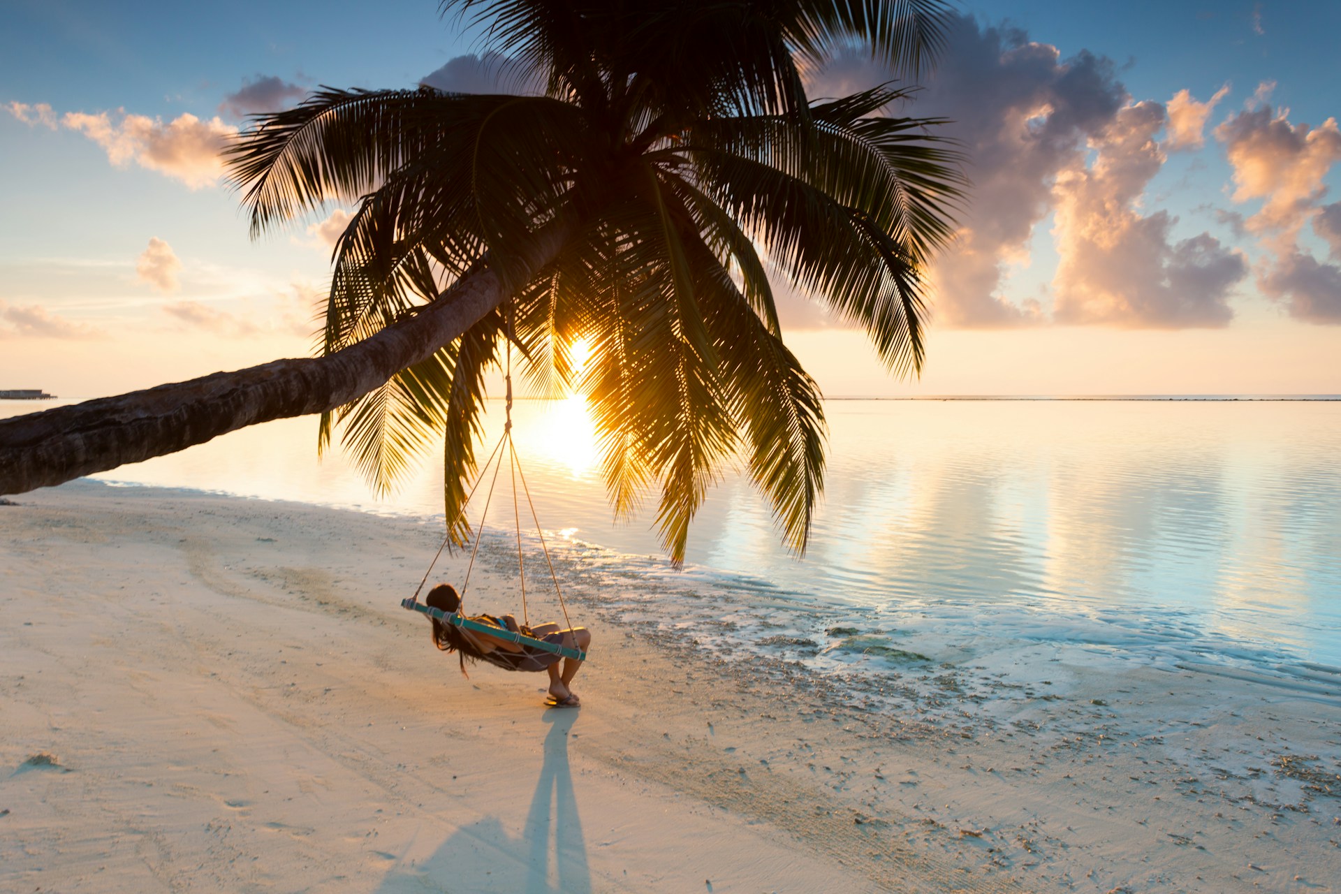 person laying in hammock on beach with overhanging palm tree at sunset