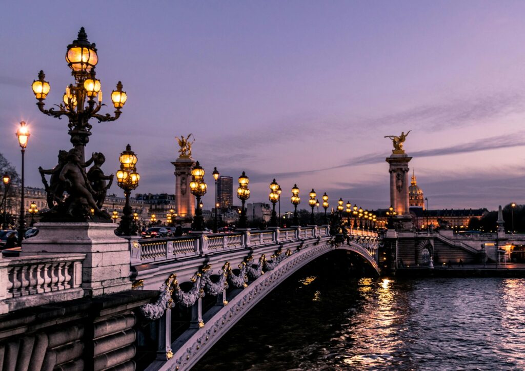 Lanterns over a bridge in the evening