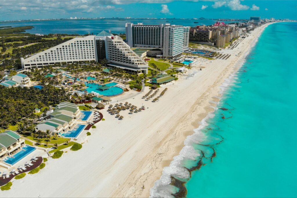 A beachfront with hotels in Cancun