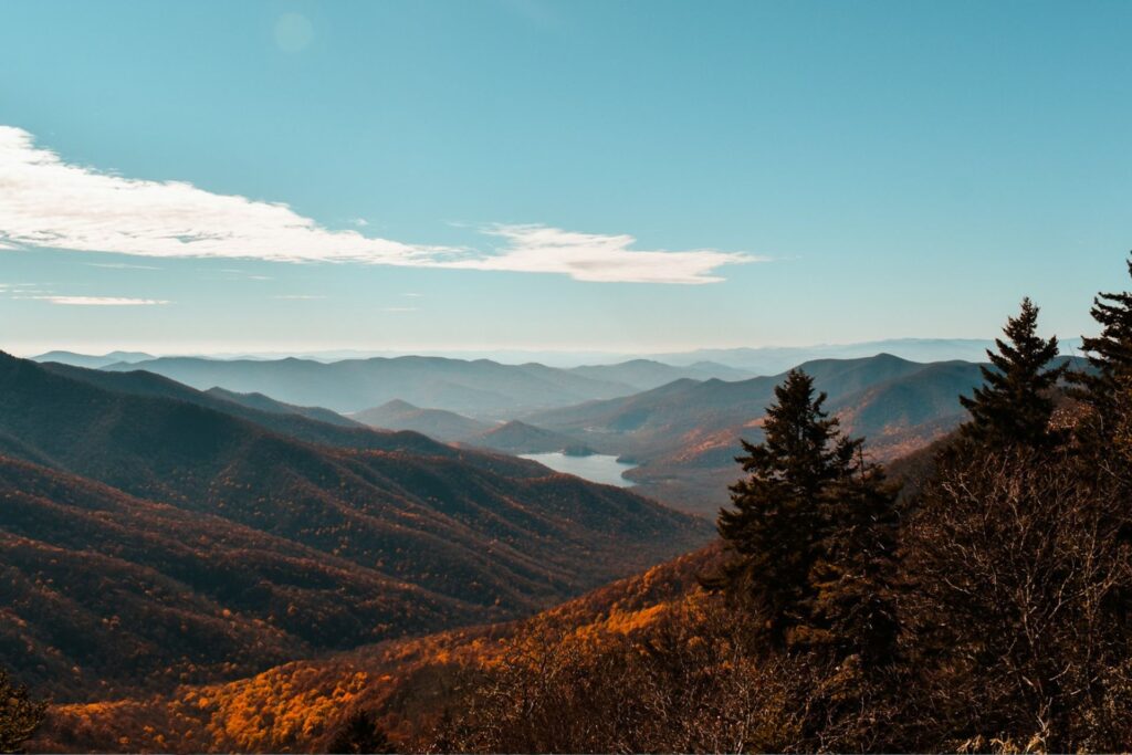A large valley with a lake and trees