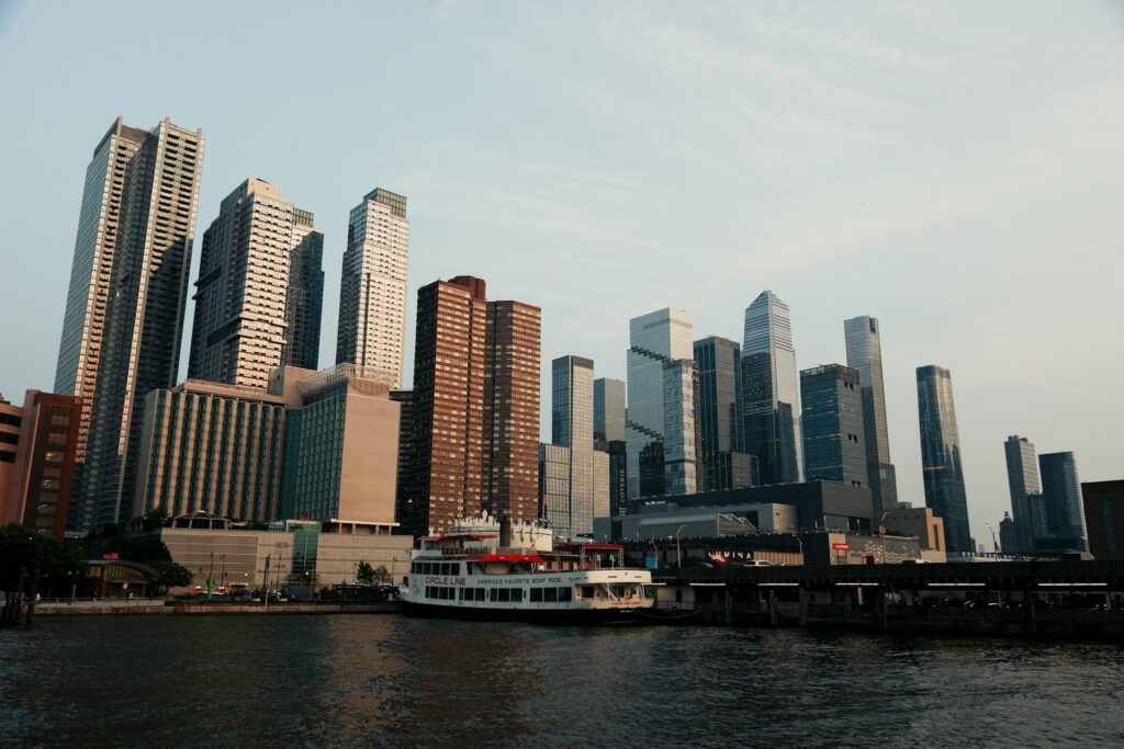 New York's harbour with a cruise ship docked