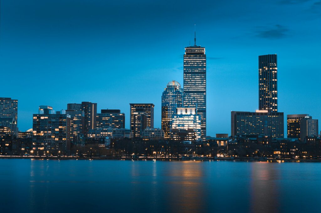 Boston's harbor at night
