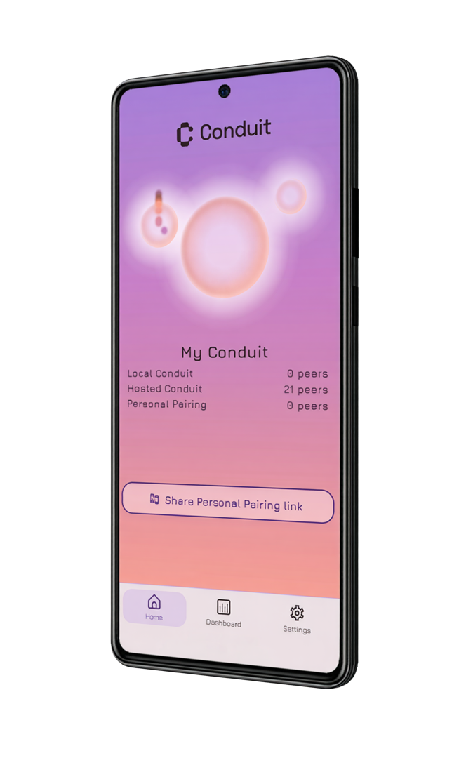 Conduit app showing the My Conduit home screen with peer counts and a Share Personal Pairing link button