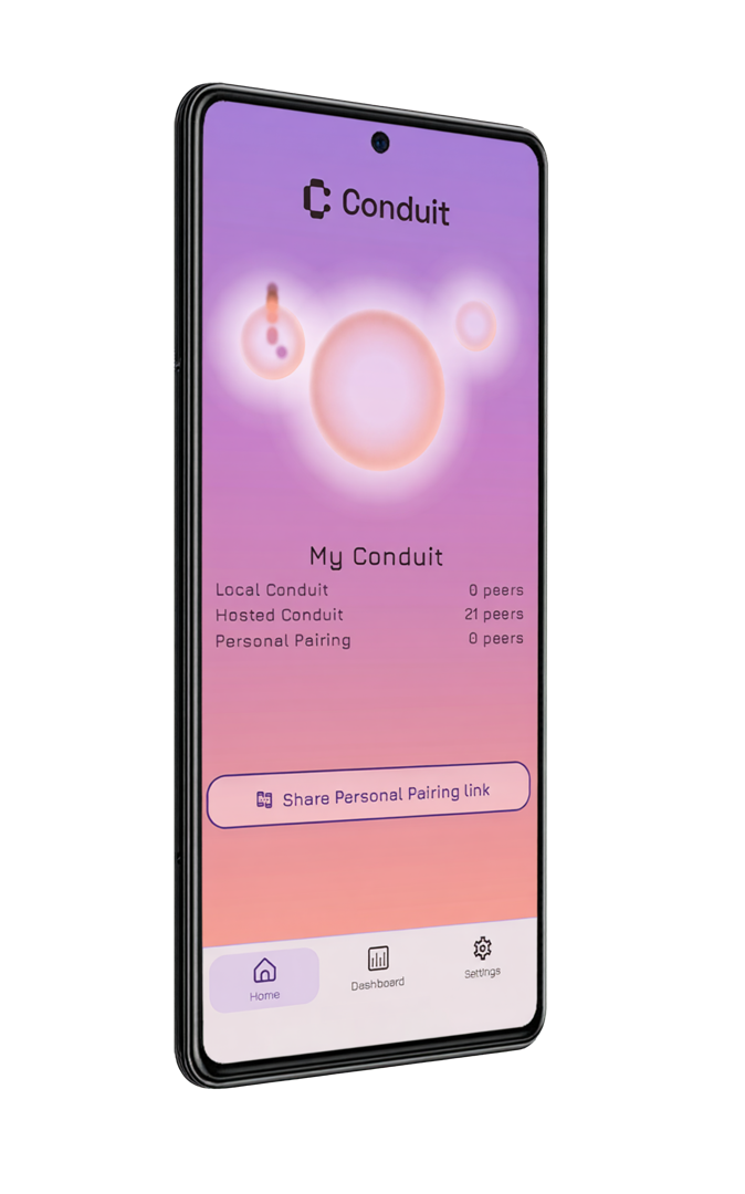 Conduit app showing the My Conduit home screen with peer counts and a Share Personal Pairing link button