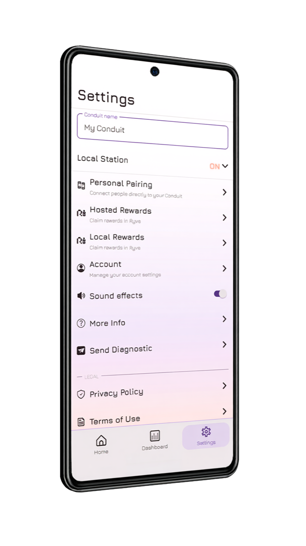 Conduit app Settings screen showing Personal Pairing, Hosted Rewards, Local Rewards, and account options