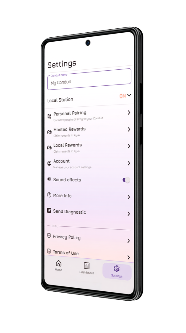 Conduit app Settings screen showing Personal Pairing, Hosted Rewards, Local Rewards, and account options