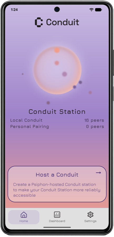 Conduit app showing the Conduit Station home screen with connected peer counts and a Host a Conduit button