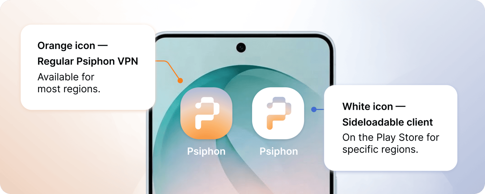 并排显示的两个 Psiphon Android 应用图标:白色图标是可侧载的客户端,也在特定地区的 Play Store 上架;彩色图标是支持订阅的常规 Psiphon VPN。