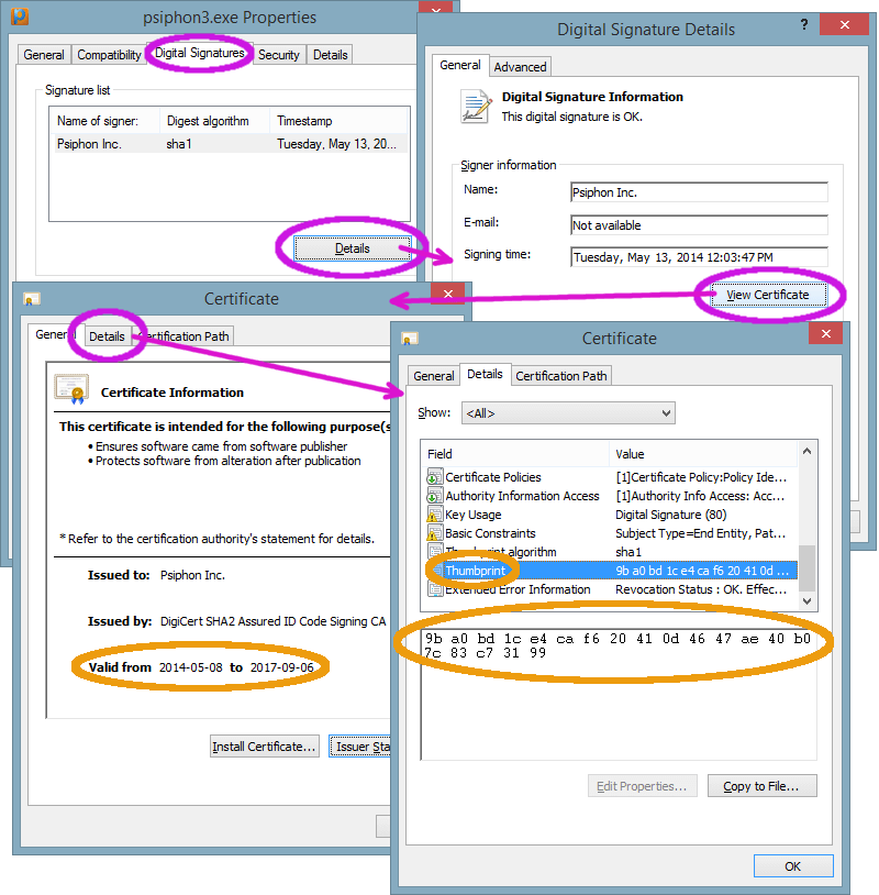 查找 Psiphon for Windows 的证书指纹所需的对话框流程:文件属性、“数字签名”选项卡、“详细信息”、“查看证书”,然后是显示“指纹”的“详细信息”选项卡。