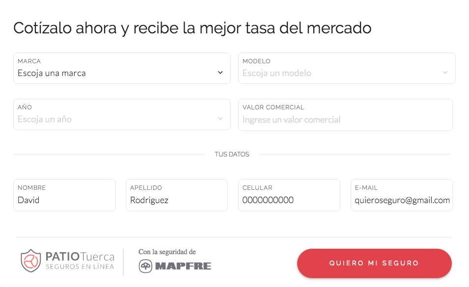 Formulario para solicitar tu seguro en línea.