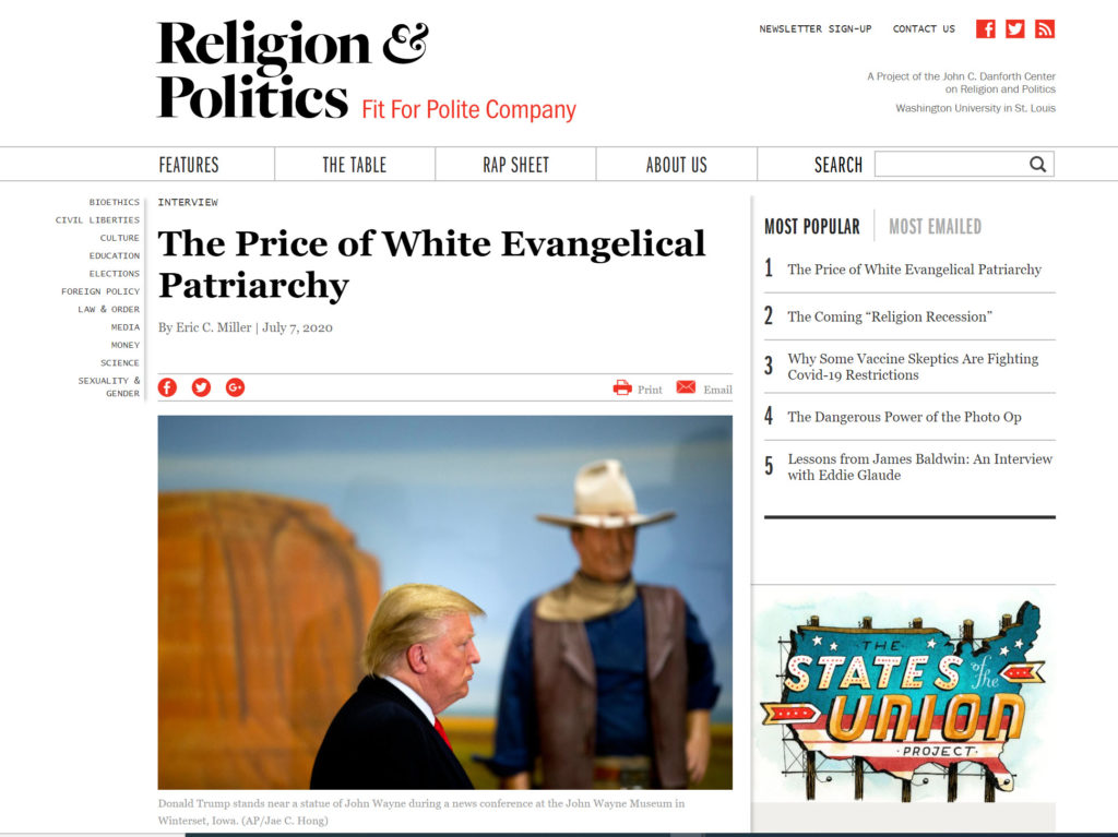screencapture from religion & politics showing headline for "the price of whit evangelical patriarchy" with donald trump in front of a statue of john wayne