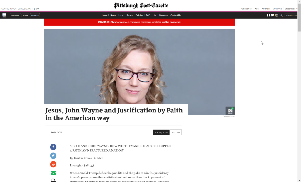 image of screenshot from the pittsburgh post-gazette article, jesus, john wayne and justification by faith in the american way