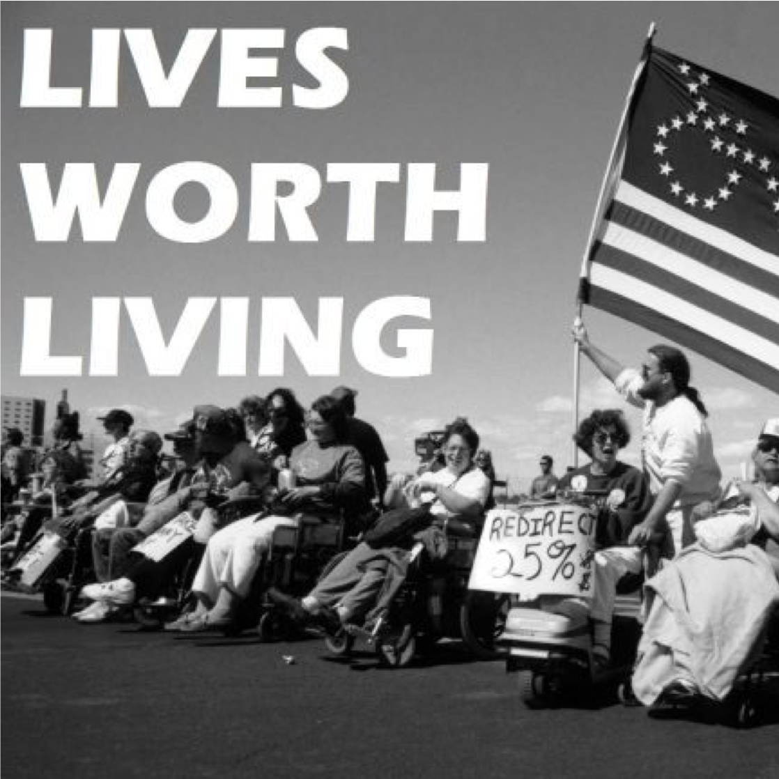 black and white photo of "Lives Worth Living" documentary showing disability rights advocates in the 1970s