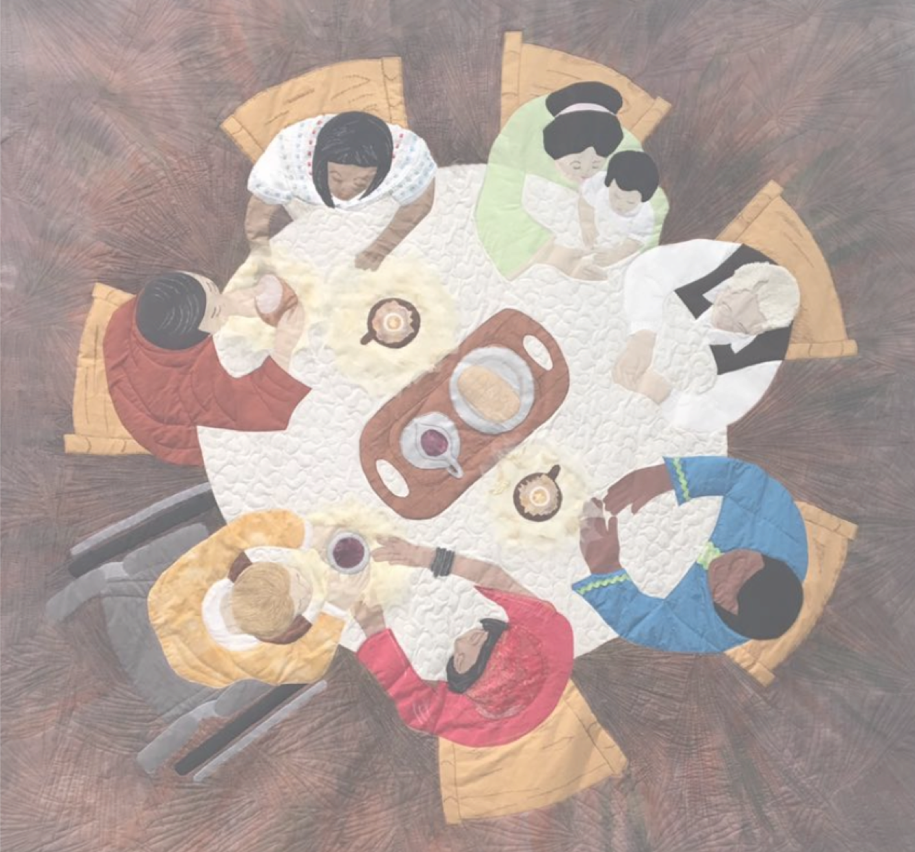 quilt looking down on 8 people, of various ages and races and disability status, sitting around a table sharing a common mean of bread and wine