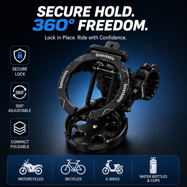 360° Adjustable Foldable Motorcycle Cup Holder – Bicycle Water Bottle Mount